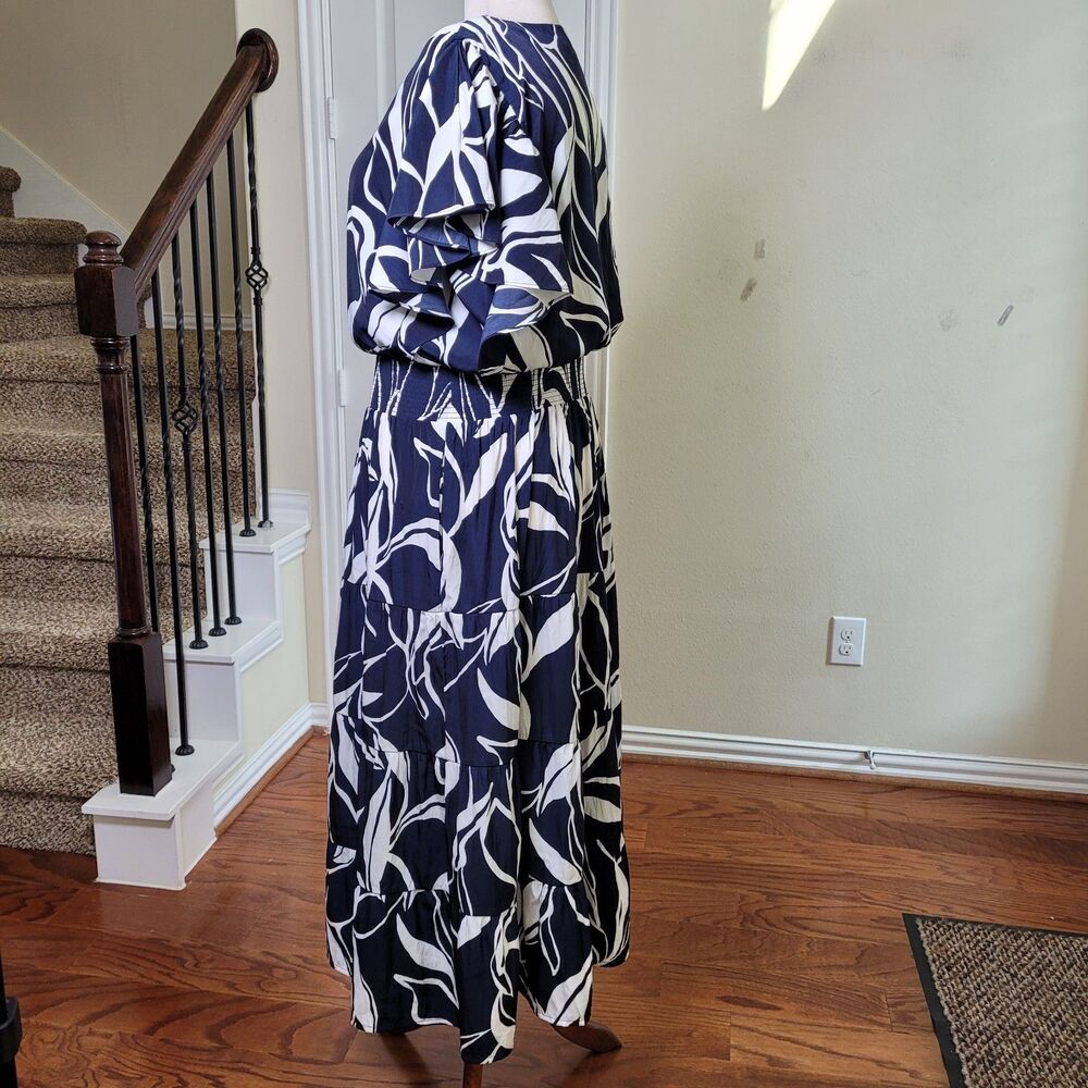 Chico's Floral Tiered Smocked Waist Maxi Dress Blue White Women 16 (Size 3) - Picture 8 of 17